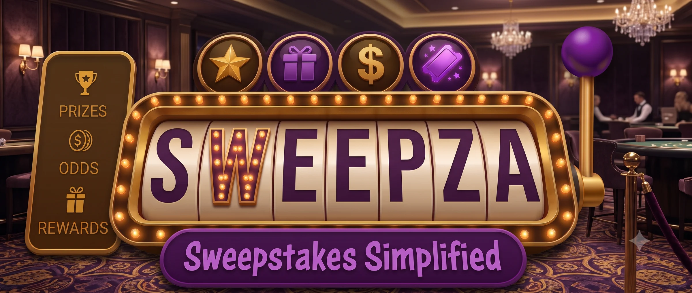 Sweepza slot-machine marquee in a purple and gold casino lounge, reading Sweepstakes Simplified